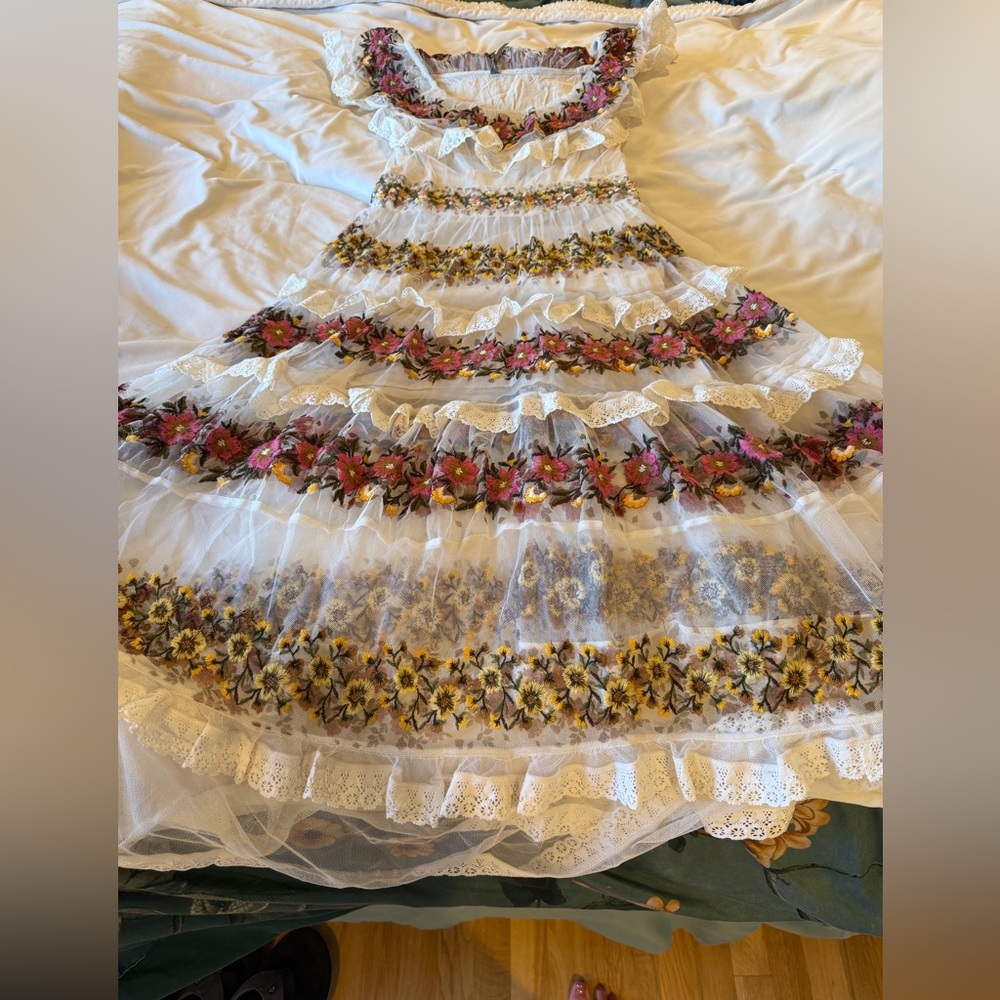 NWT By Anthropologie Ruffle Sleeve Embroidered Tulle Tiered Lace Maxi Dress 6 - Picture 6 of 9